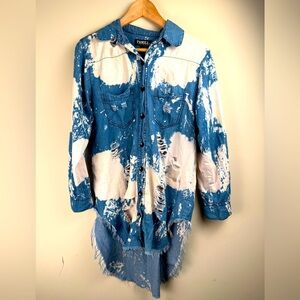 Thrill Jeans Womens High Low Heavily Distressed Button Down Blue Shirt Top Lg.